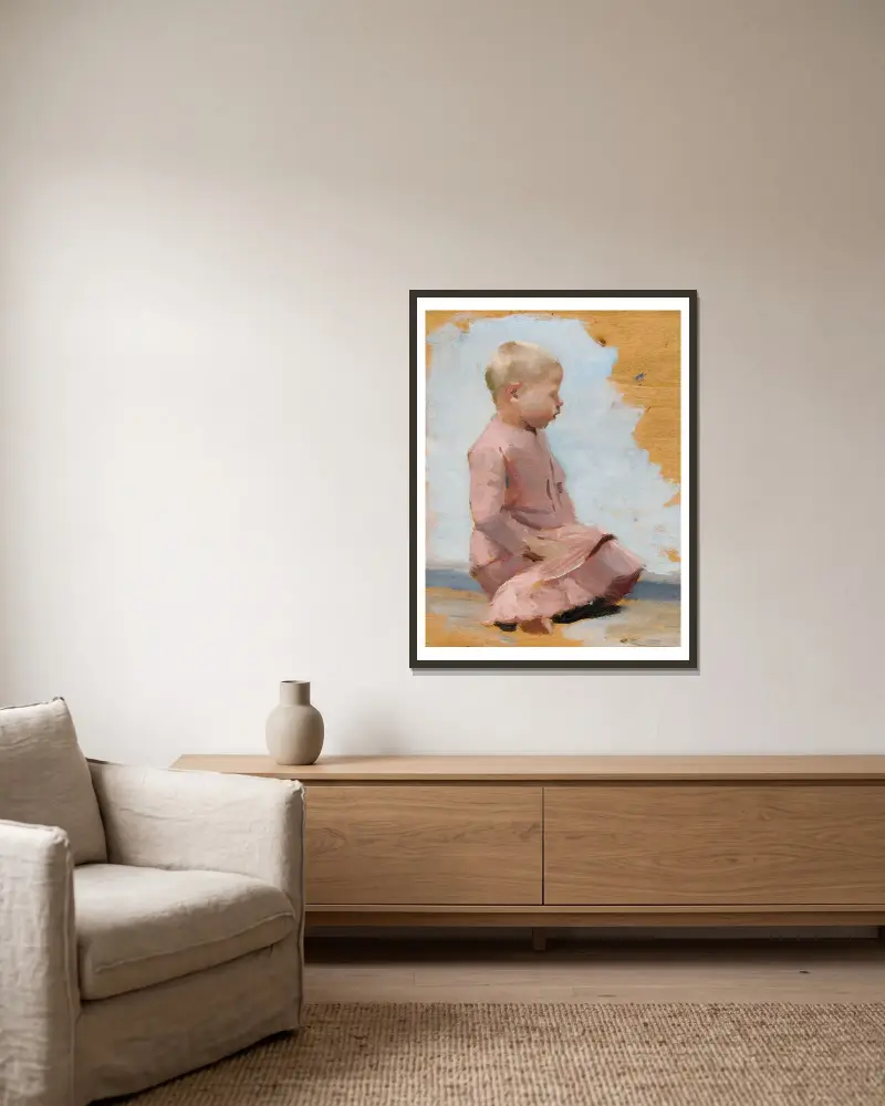 Kind in rotem Kleid, Probe für den Samstagabend in Hamar von Albert Edelfelt gerahmt an einer Wand