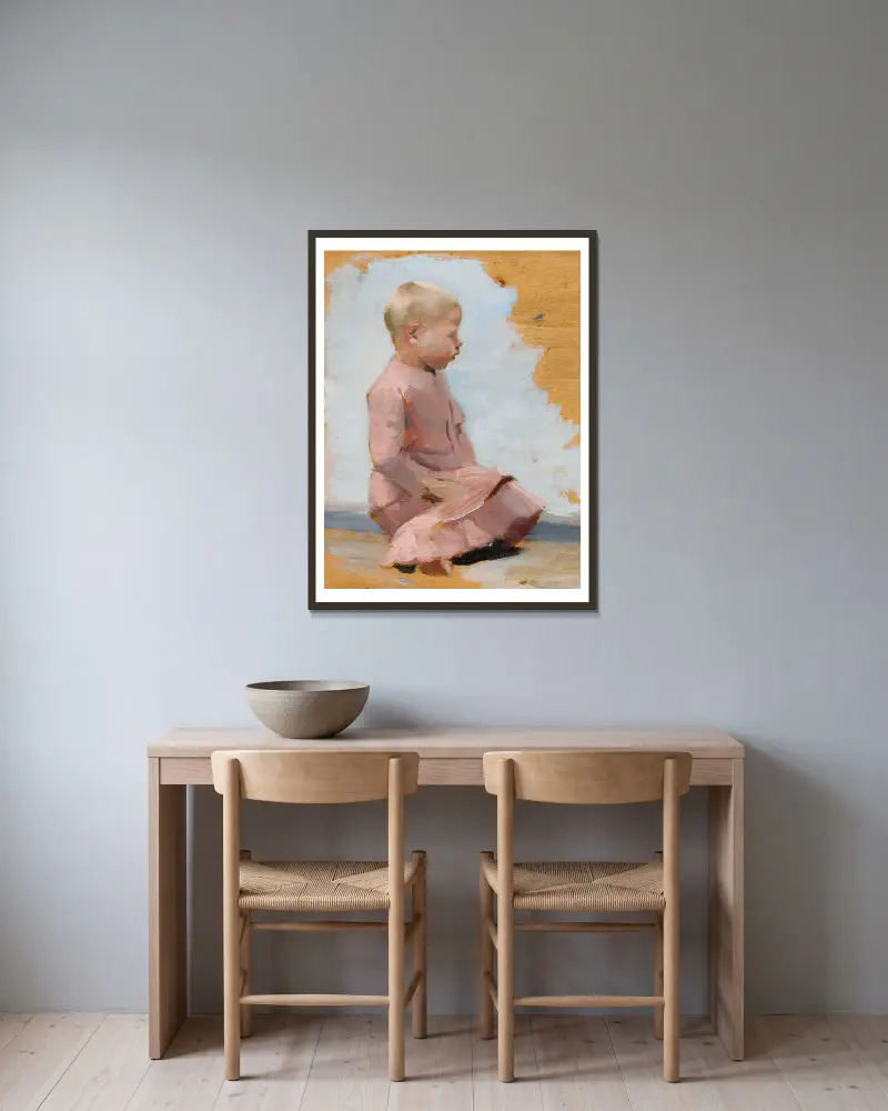 Kind in rotem Kleid, Probe für den Samstagabend in Hamar von Albert Edelfelt gerahmt an einer Wand