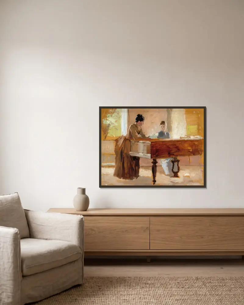In The Drawing Room At Haikko, Study For An Old Tune av Albert Edelfelt inramad på en vägg