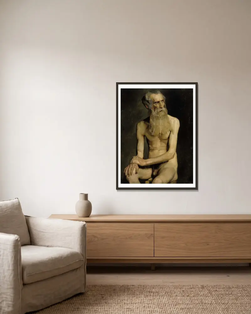 Starý muž sedící, akademická studie, Albert Edelfelt v rámu na stěně