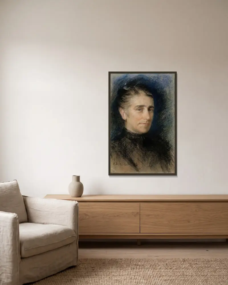 Porträtt av fru Emilie Krohn av Albert Edelfelt inramad på en vägg