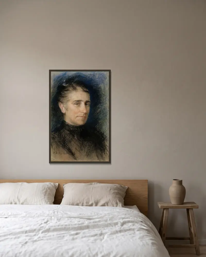 Porträtt av fru Emilie Krohn av Albert Edelfelt inramad på en vägg