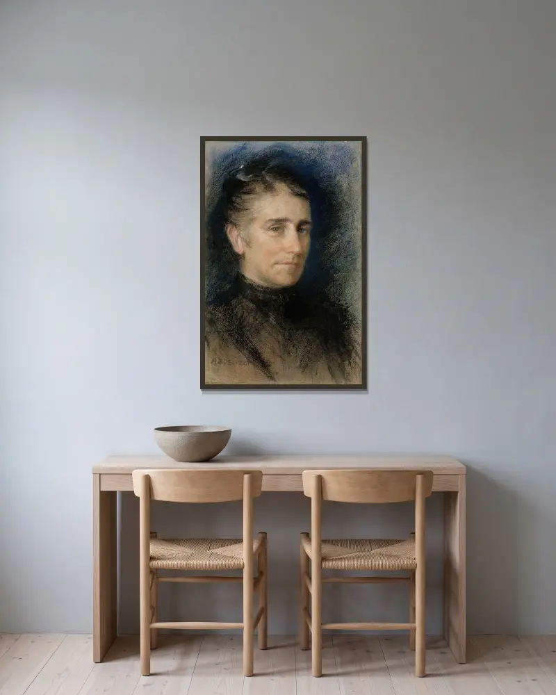 Porträtt av fru Emilie Krohn av Albert Edelfelt inramad på en vägg