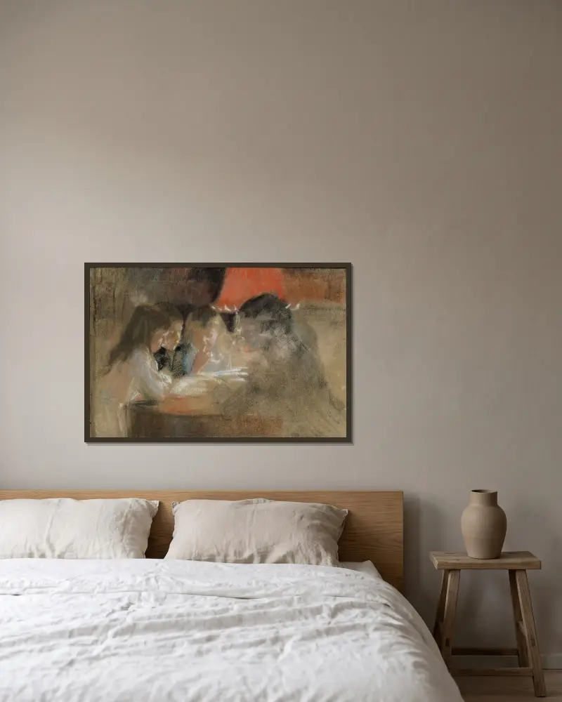 Die Kinder der Familie Brandt (bei der Lampe) von Albert Edelfelt gerahmt an einer Wand