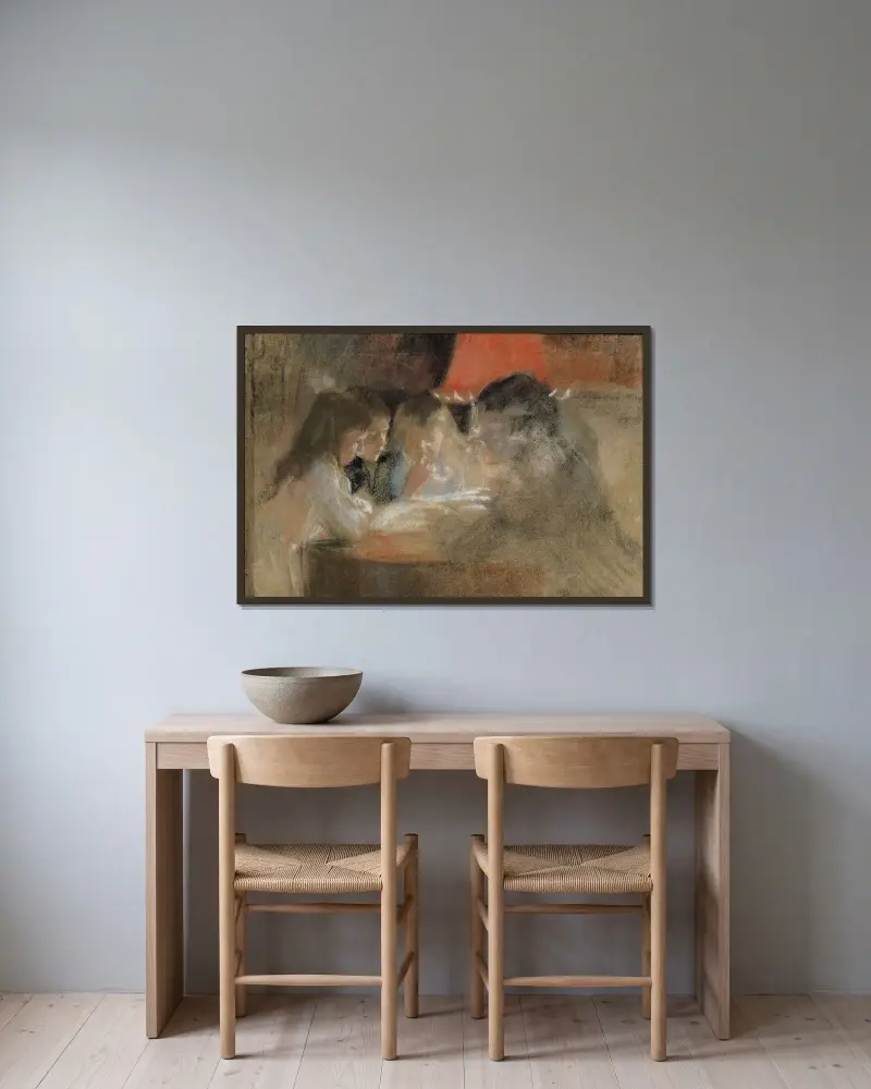 Die Kinder der Familie Brandt (bei der Lampe) von Albert Edelfelt gerahmt an einer Wand