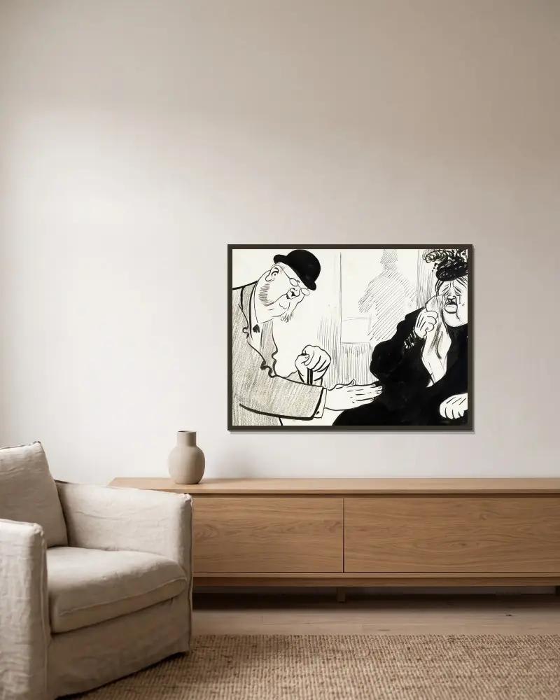 Eine sehr dicke Frau von Albert Engström gerahmt an einer Wand