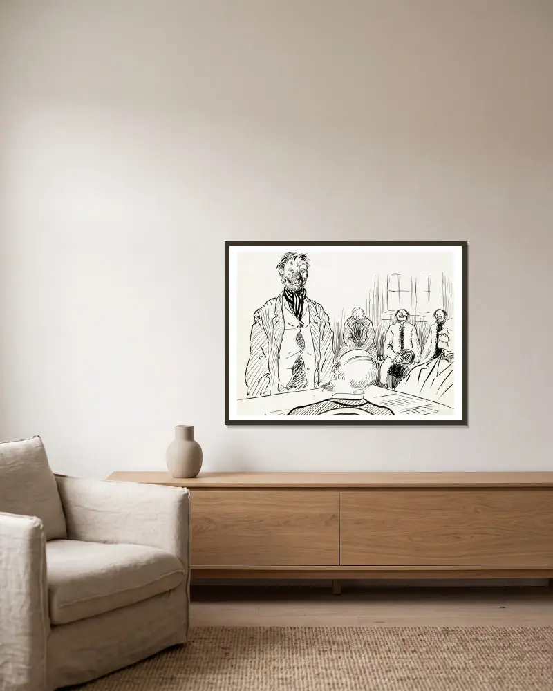 Justice Arvidson von Albert Engström gerahmt an einer Wand