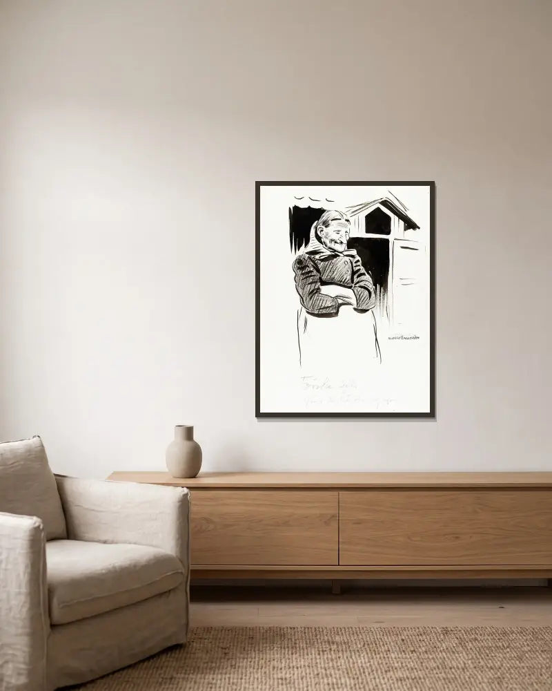 Lillpers Kari von Albert Engström gerahmt an einer Wand
