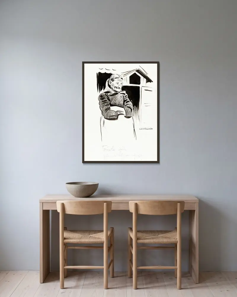 Lillpers Kari von Albert Engström gerahmt an einer Wand