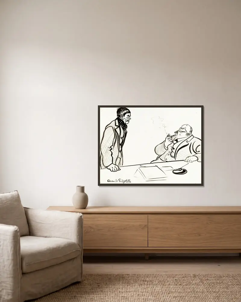 Der Herr zu seinem neuen Arbeiter von Albert Engström gerahmt an einer Wand