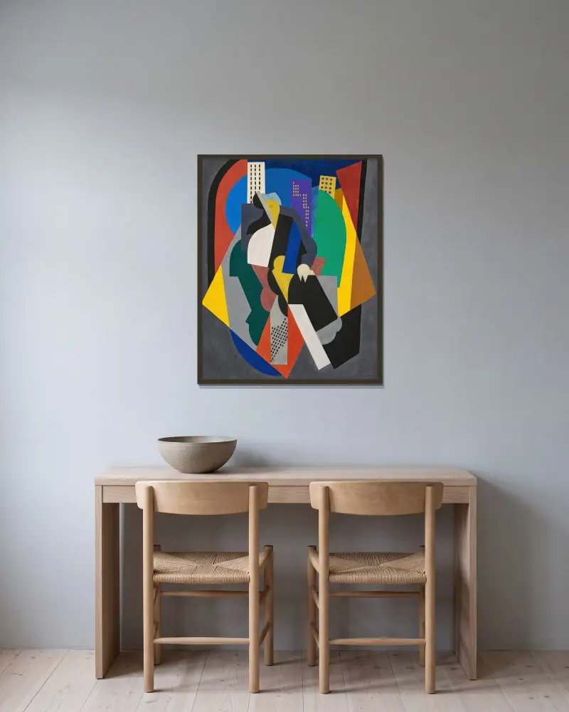 Komposition, figurative Andeutung oder Auf der Avenue von Albert Gleizes gerahmt an einer Wand