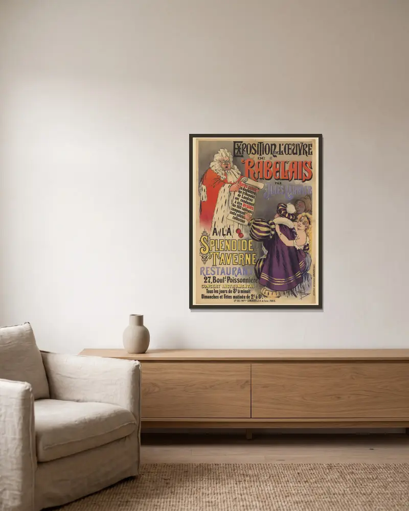 Exposition de l’oeuvre de Rabelais par Jules Garnier à la Splendide Taverne, restaurant av Albert Guillaume inramad på en vägg