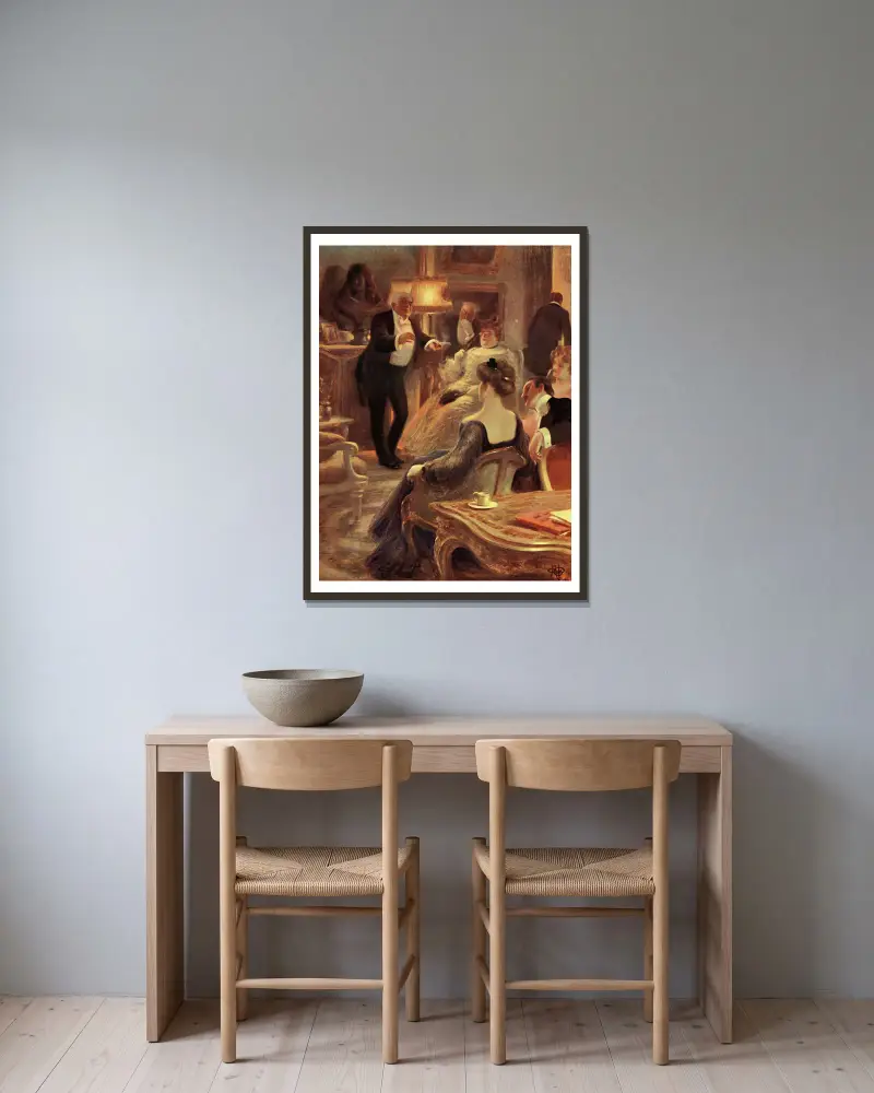 Hommes et femmes dans un salon av Albert Guillaume inramad på en vägg