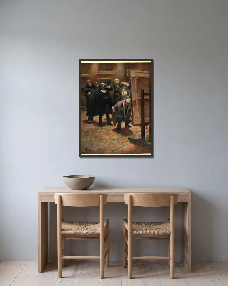 Hommes examinant un tableau av Albert Guillaume inramad på en vägg