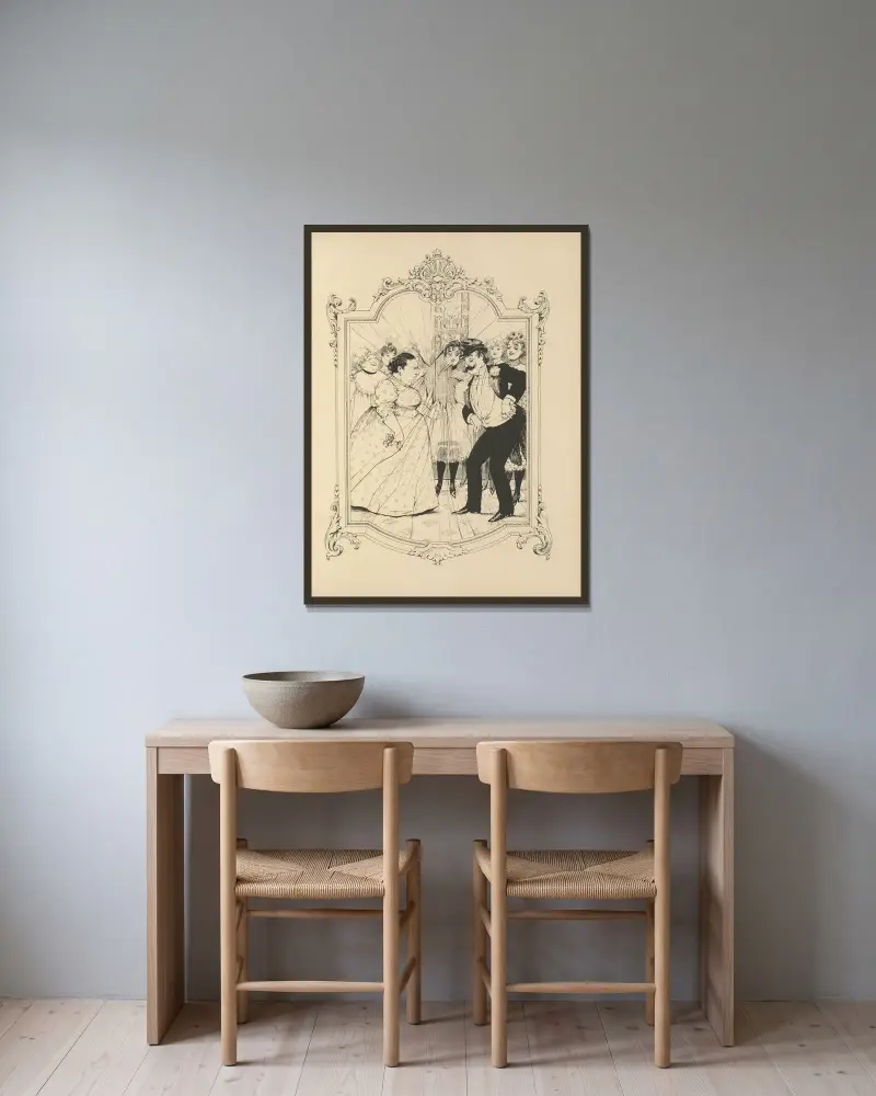 Minnen av en spegel pl. 27 av Albert Guillaume inramad på en vägg