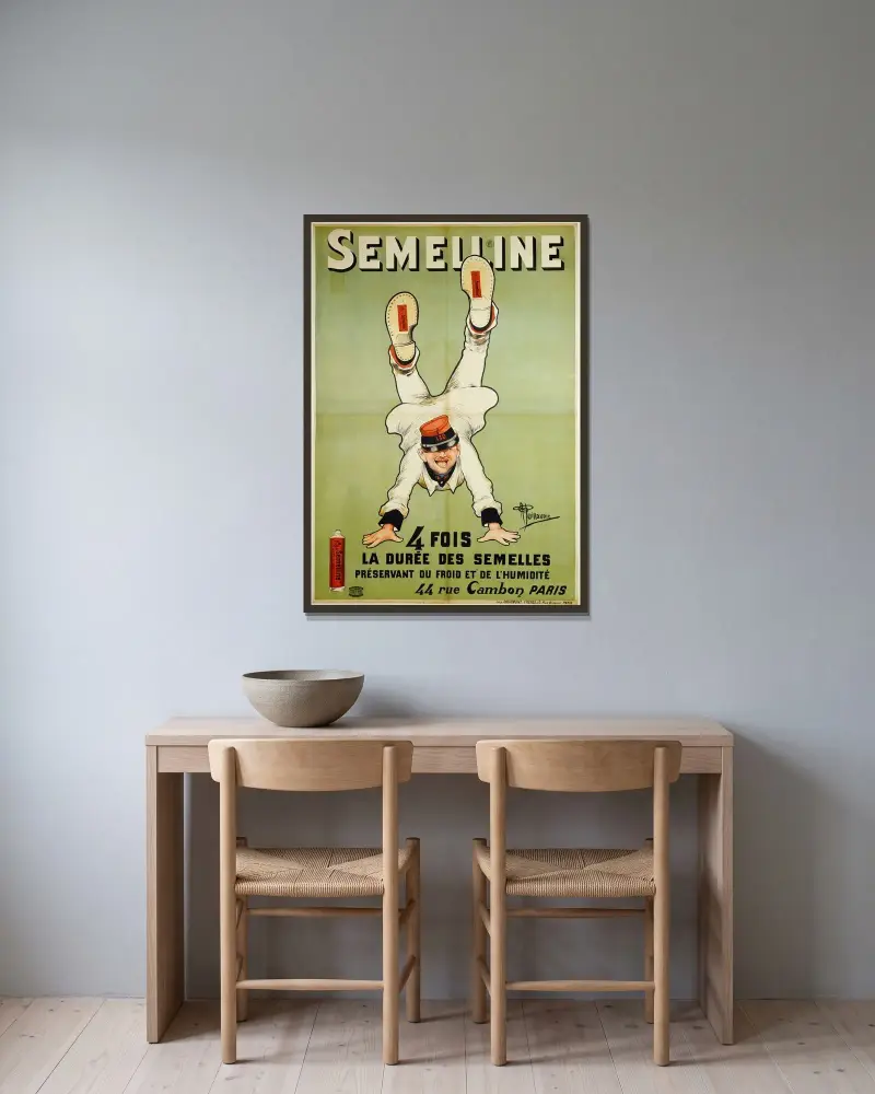 Semeline 4 Fois La Duree Des Semelles Preservant Du Froid Et De L’humidite 44 Rue Cambon Paris av Albert Guillaume inramad på en vägg
