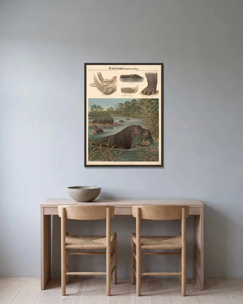 Hippopotamus (Hippopotamus amphibius), Albert Kull v rámu na stěně