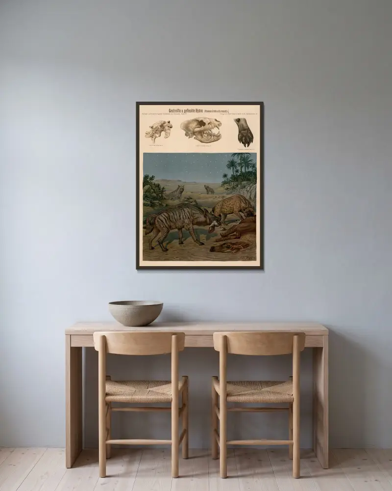 Streifenhyäne und Tüpfelhyäne (Hyaena striata und Hyena crocuta) von Albert Kull gerahmt an einer Wand
