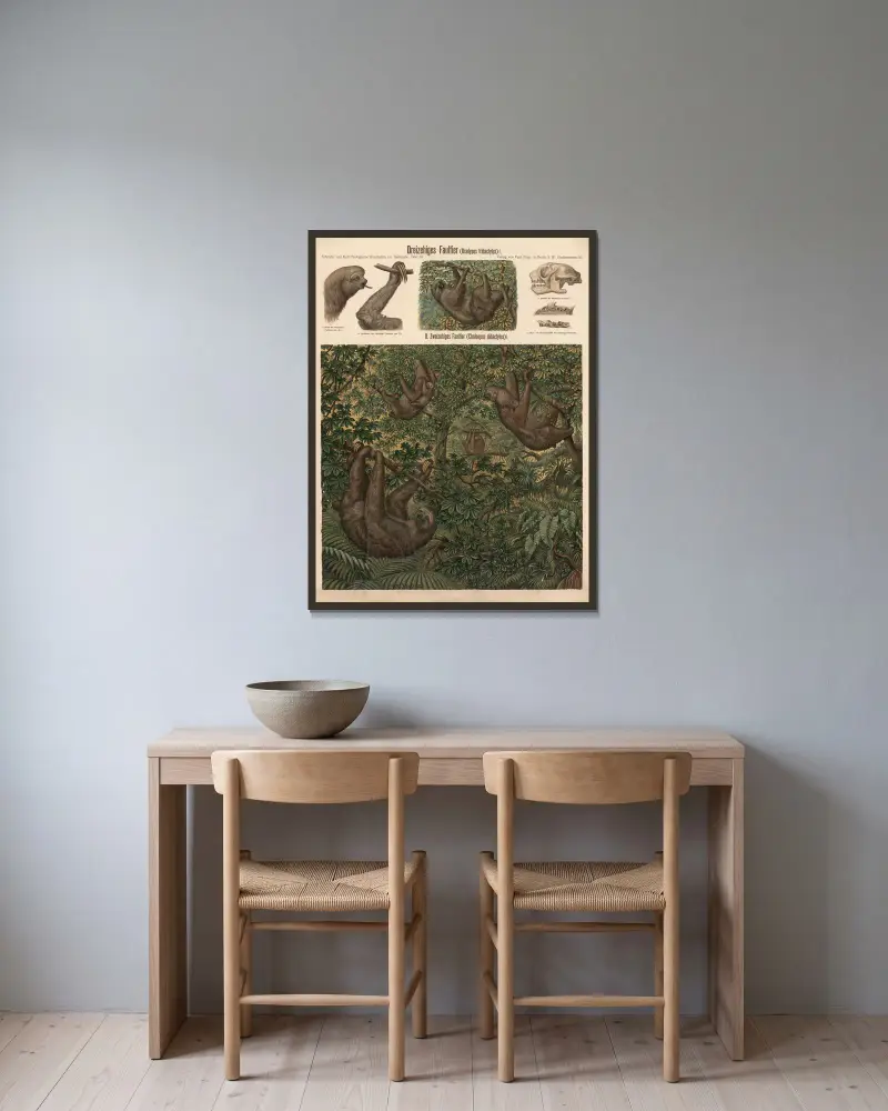 Dreizehenfaultier (Bradypus tridactylus) von Albert Kull gerahmt an einer Wand