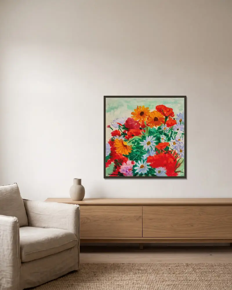 Bouquet de marguerites, soucis et géraniums av Albert Marquet inramad på en vägg