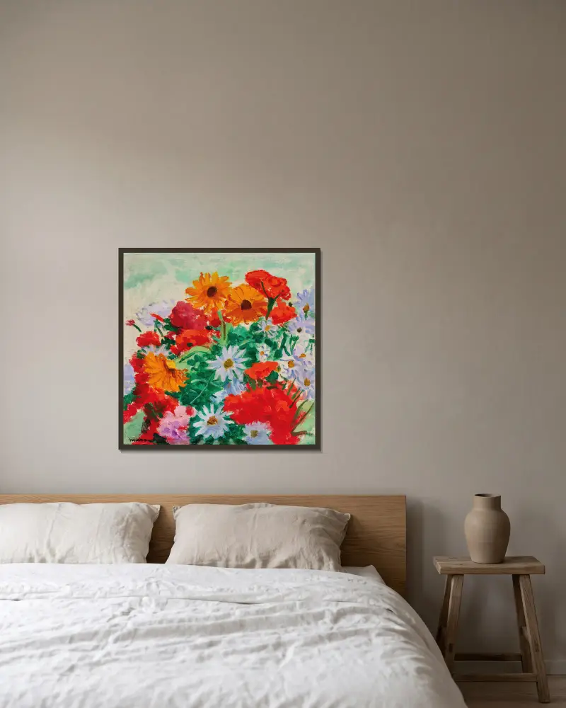 Bouquet de marguerites, soucis et géraniums av Albert Marquet inramad på en vägg