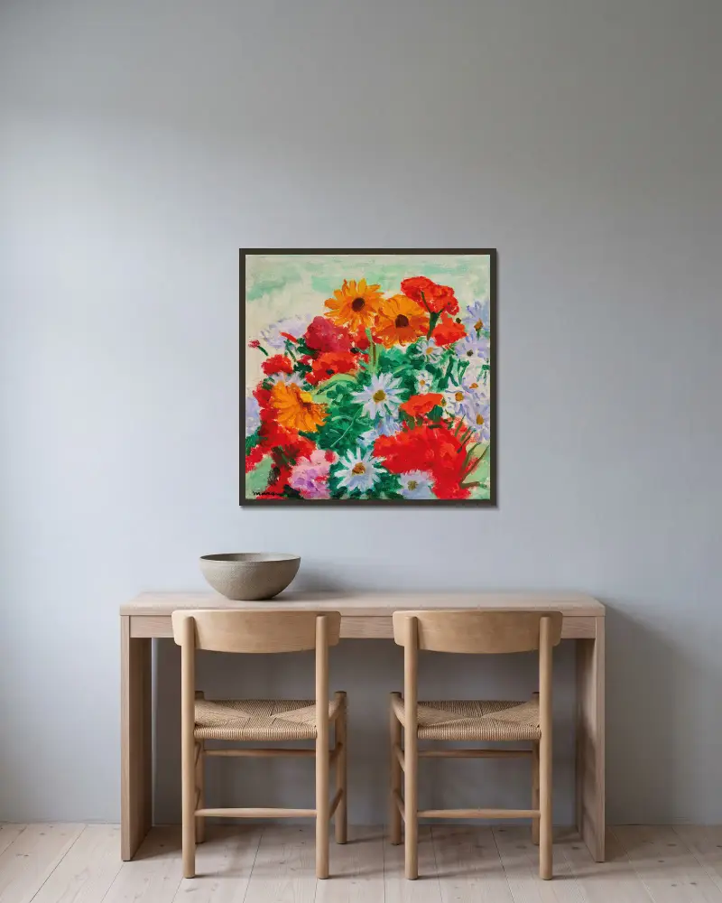 Bouquet de marguerites, soucis et géraniums av Albert Marquet inramad på en vägg