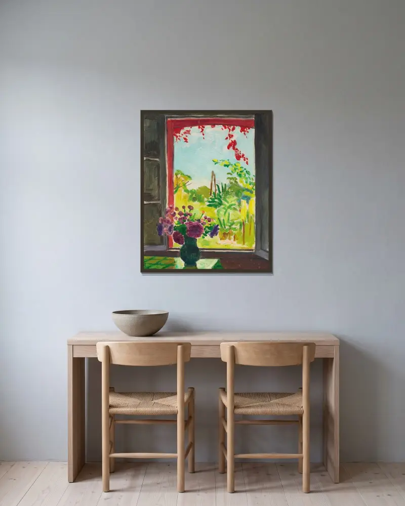 Bukett på ett bord framför fönstret i Méricourt av Albert Marquet inramad på en vägg