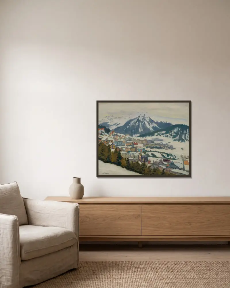 Davos under snö av Albert Marquet inramad på en vägg