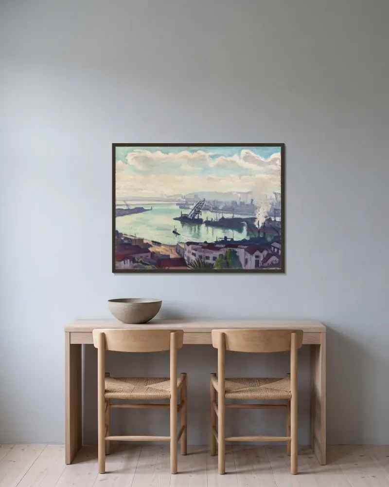Rök över hamnen av Albert Marquet inramad på en vägg
