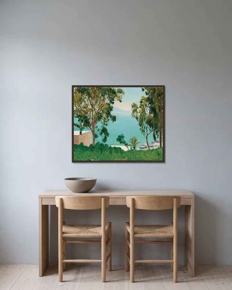 Stranden sedd genom eukalyptus av Albert Marquet inramad på en vägg