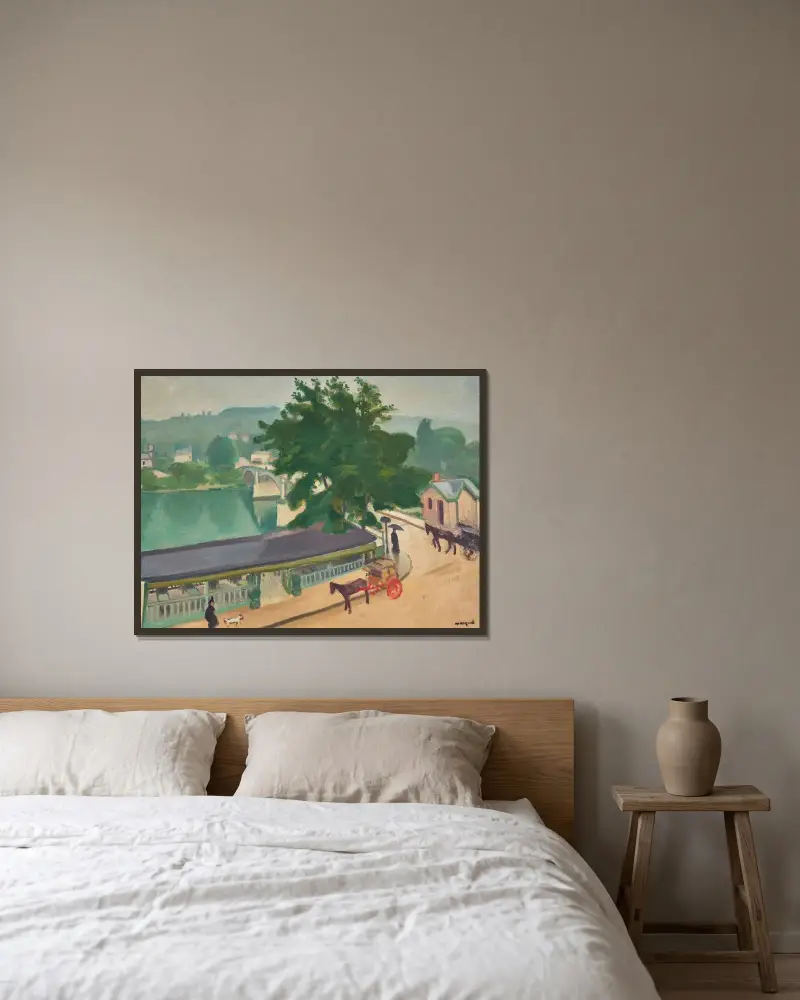 Bron i Chennevières, gråväder av Albert Marquet inramad på en vägg