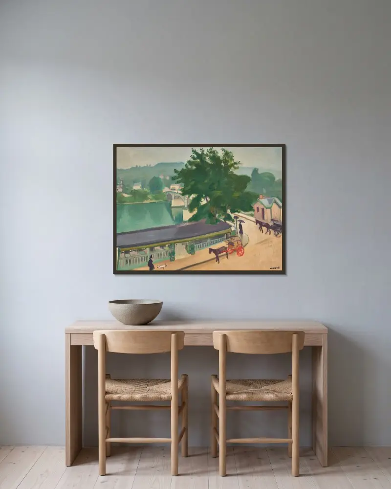 Bron i Chennevières, gråväder av Albert Marquet inramad på en vägg