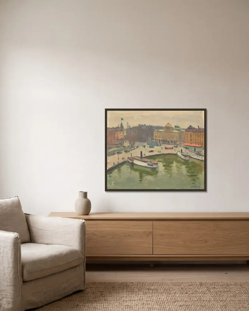 Hamnen i Stockholm, Nybroviken, vy från hotell Strand av Albert Marquet inramad på en vägg
