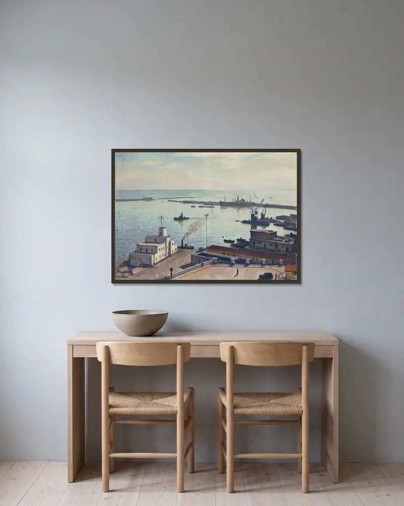 Hamnen i vinter av Albert Marquet inramad på en vägg