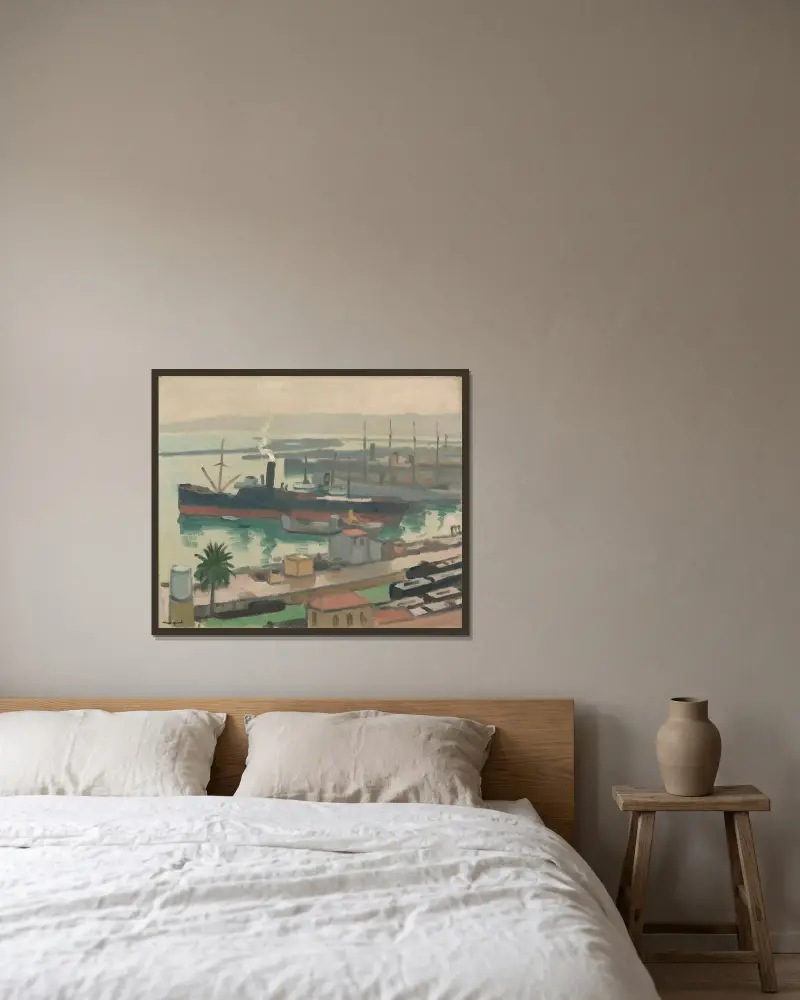 Regn över hamnen av Albert Marquet inramad på en vägg
