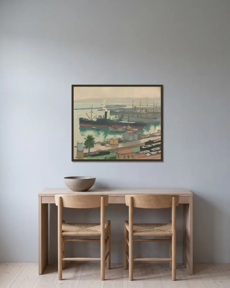 Regn över hamnen av Albert Marquet inramad på en vägg