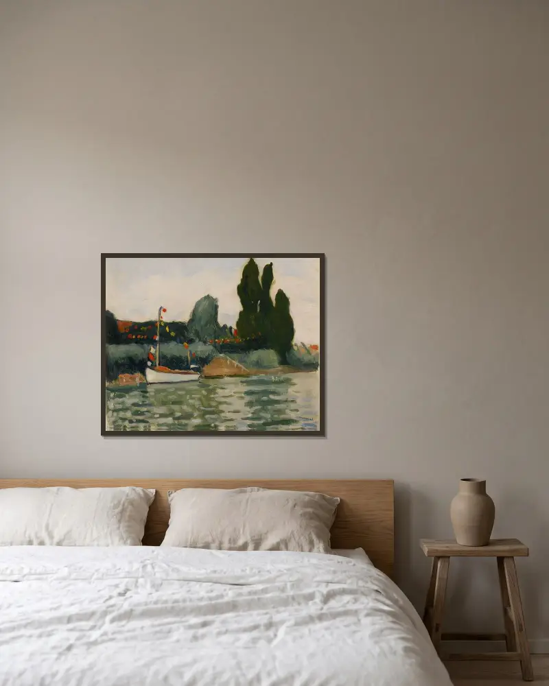 Poissy, flaggpyntad båt av Albert Marquet inramad på en vägg