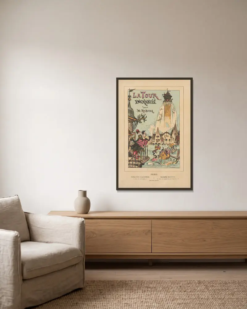 Der verzauberte Turm – Titelseite von Albert Robida gerahmt an einer Wand