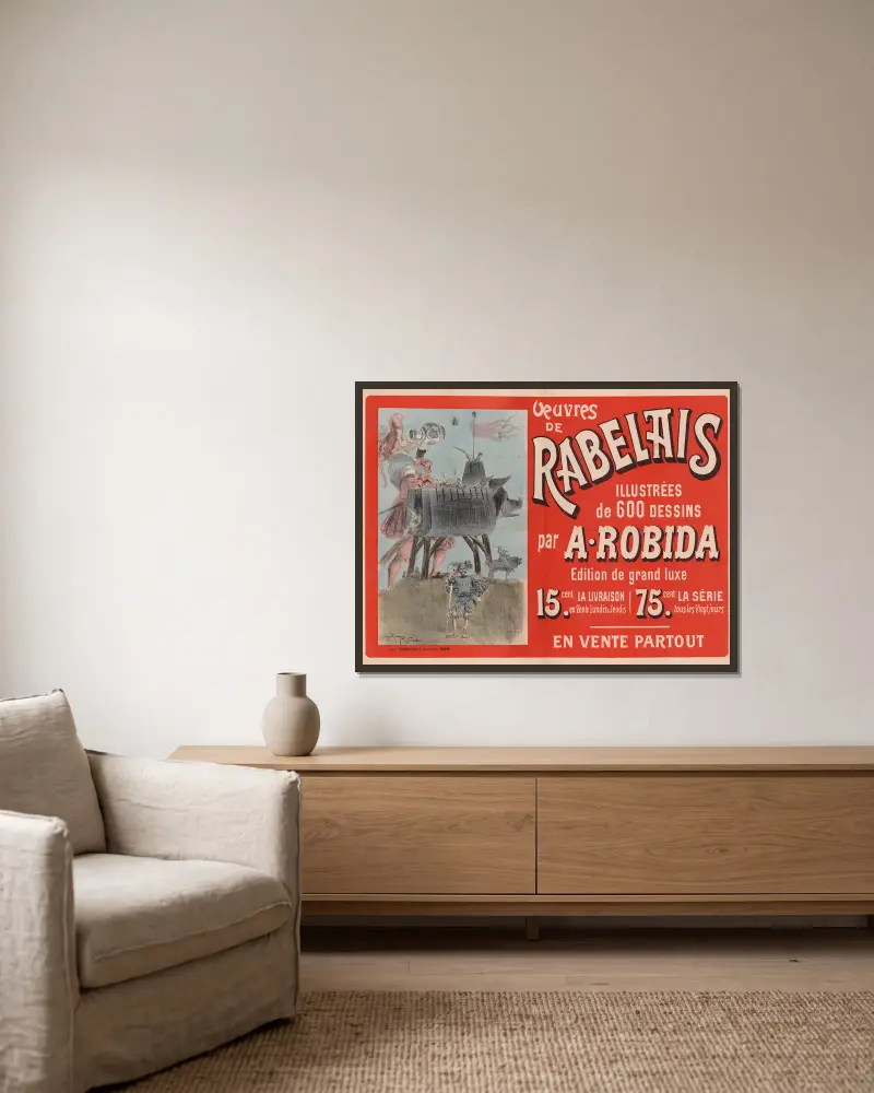 Oeuvres de Rabelais illustrées de 600 dessins par A. Robida av Albert Robida inramad på en vägg