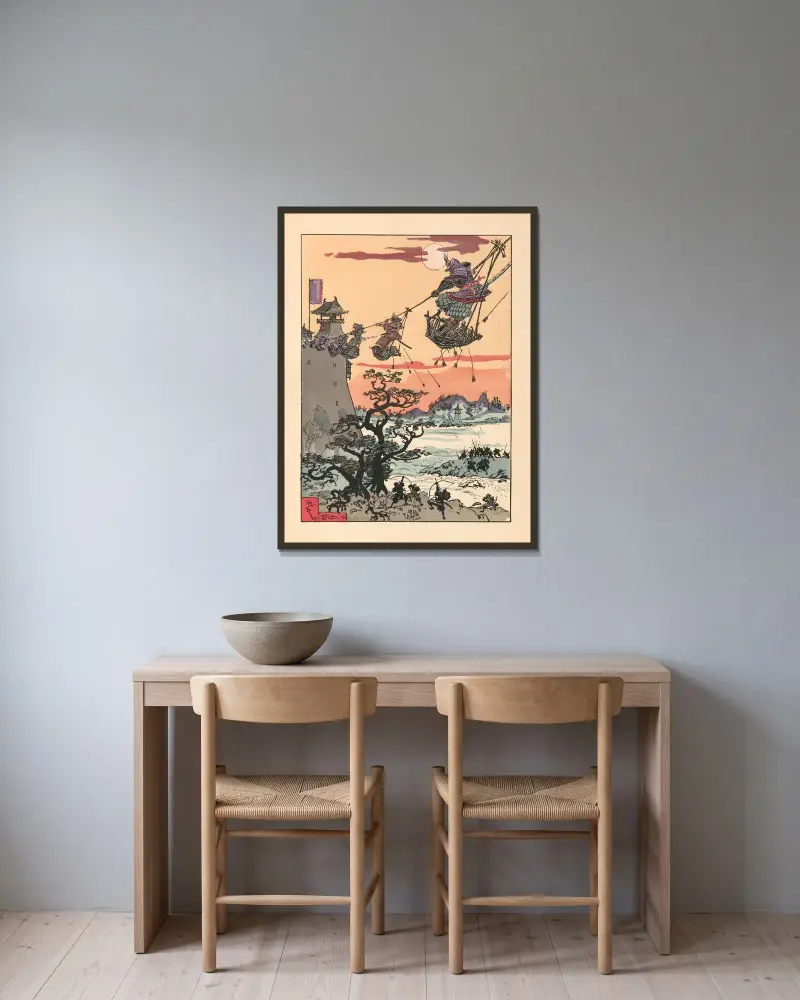 En fransk-japansk roman av Albert Robida inramad på en vägg