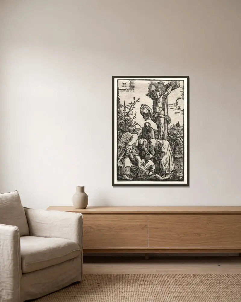 Kristus på korset av Albrecht Altdorfer inramad på en vägg