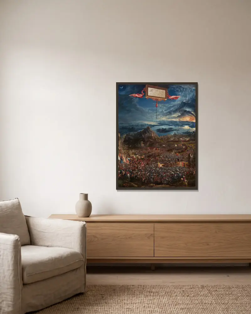 The Battle of Alexander at Issus av Albrecht Altdorfer inramad på en vägg