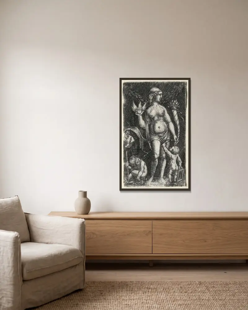 Venus zwischen zwei Amoretten von Albrecht Altdorfer gerahmt an einer Wand