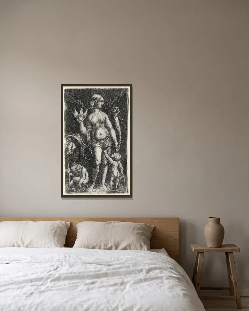 Venus zwischen zwei Amoretten von Albrecht Altdorfer gerahmt an einer Wand
