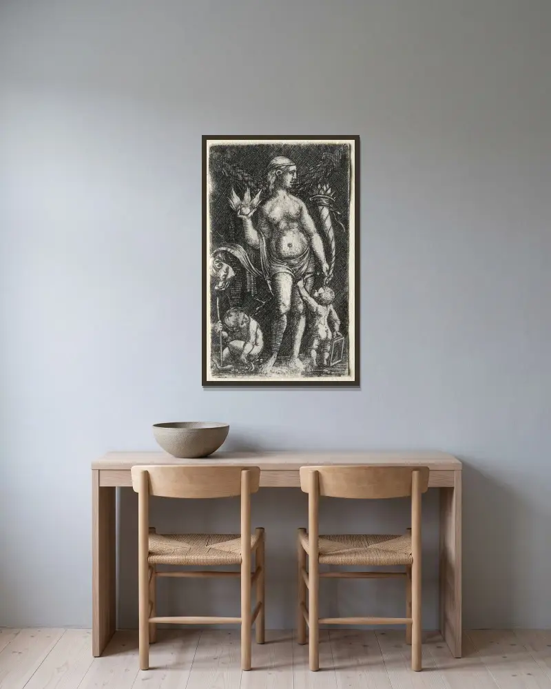 Venus zwischen zwei Amoretten von Albrecht Altdorfer gerahmt an einer Wand