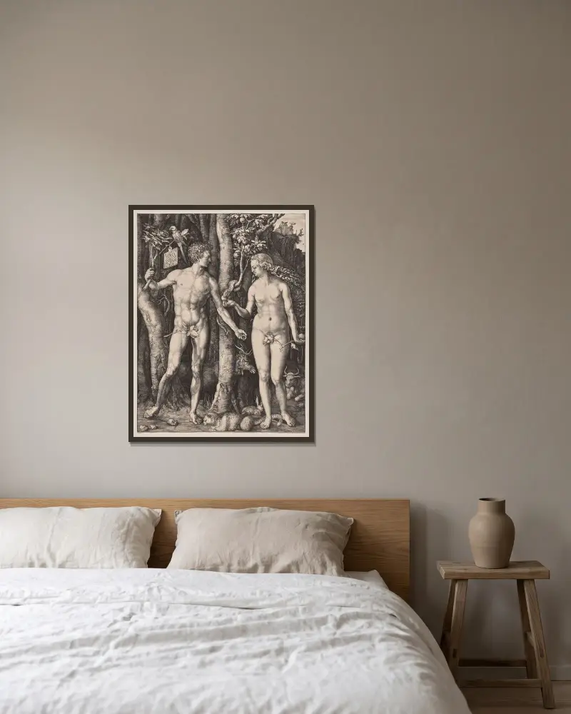 Adam and Eve, 1504 av Albrecht Dürer inramad på en vägg