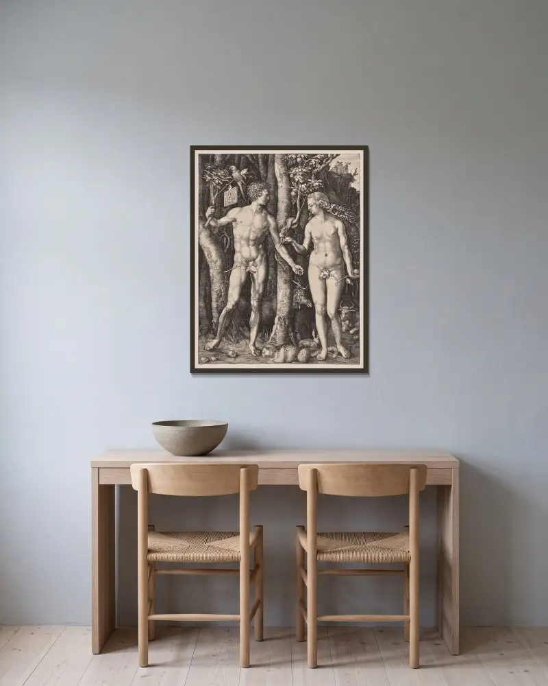 Adam and Eve, 1504 av Albrecht Dürer inramad på en vägg