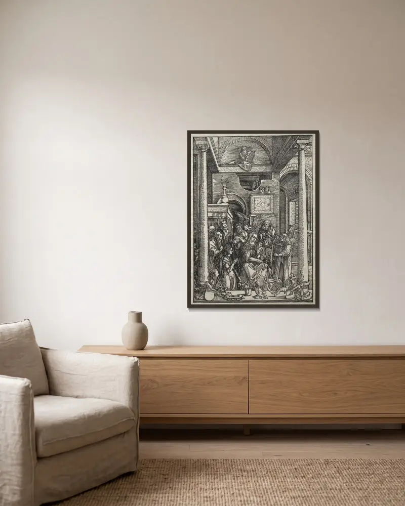 Adoration of the Virgin and Child by Saints and Angels av Albrecht Dürer inramad på en vägg