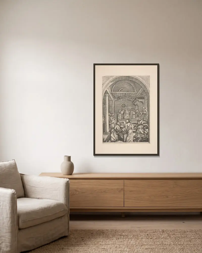 Amazing the Pharisees av Albrecht Dürer inramad på en vägg