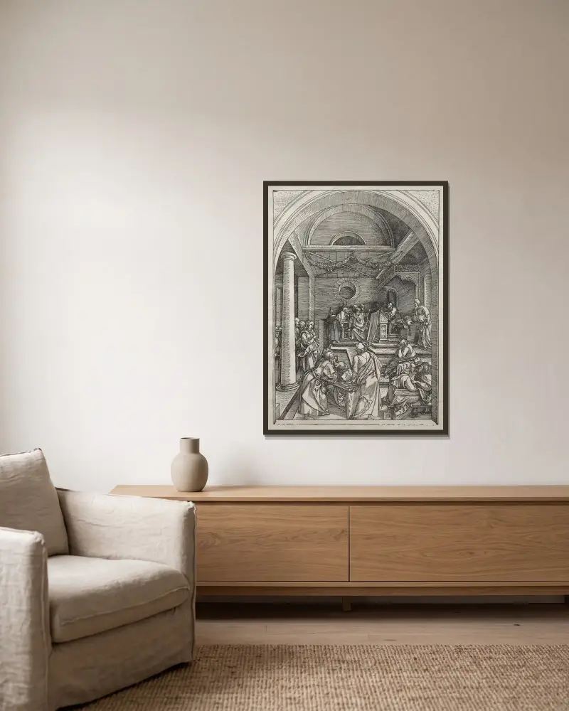 Christ Among the Doctors av Albrecht Dürer inramad på en vägg